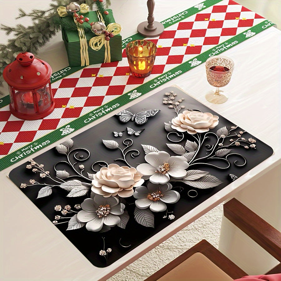 Polyester Kitchen Mat with Festive 3D Rose Design - Anti-Slip, Quick-Dry Tableware Drying Pad - Perfect for Christmas, Halloween, Thanksgiving - Protects Your Home Decor and Desk, Great for Pets