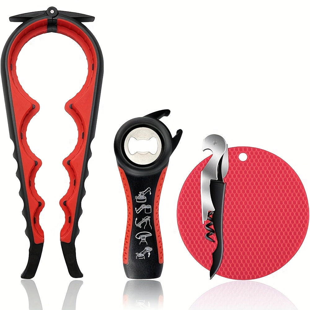 Set of 4 Multi-Function Bottle Openers made of Stainless Steel and Plastic with Comfort Grip handles. Includes Jar Opener, Corkscrew, Cap Twister, and Non-Slip Rubber Pad. Designed for those with Arthritis or Weak Hands, no electricity required. Ideal