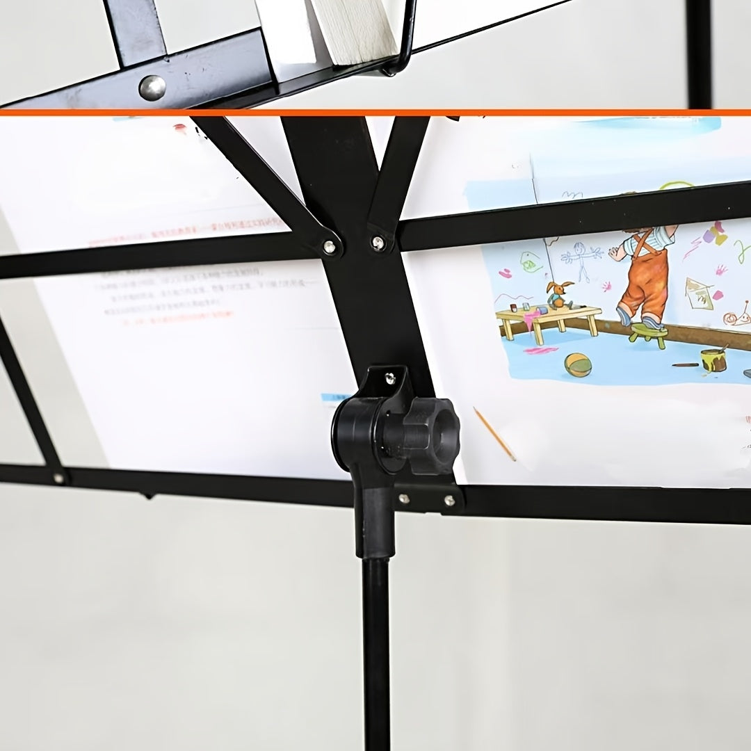 Adjustable height folding music stand made of alloy material, suitable for various instruments.