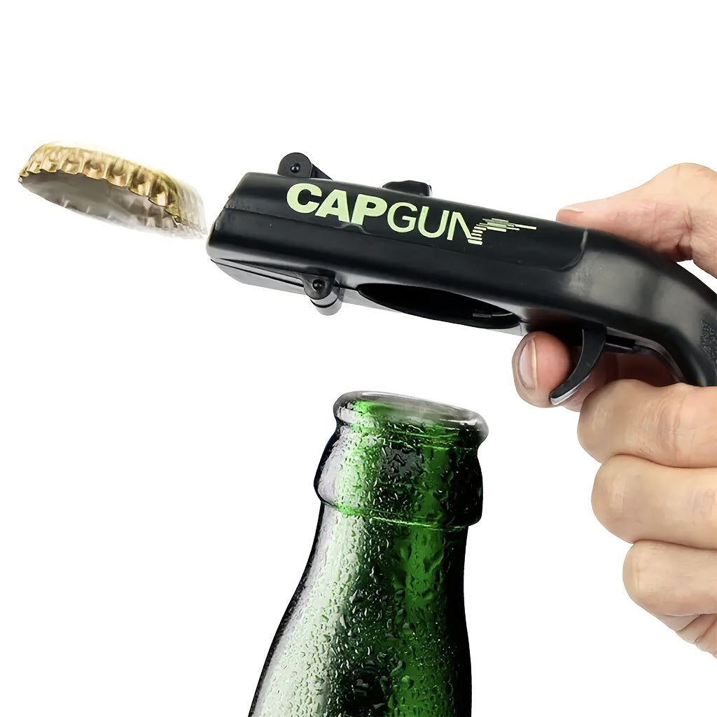 Durable ABS plastic bottle opener in cap gun style for drinking games, parties, bars, and outdoor events - fun and effective at removing beverage caps.