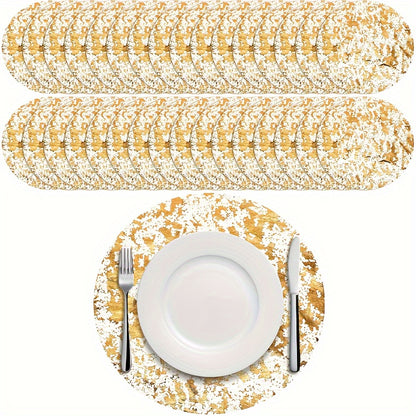 Set of 12 disposable golden placemats, metallic round 33.02 cm gold foil mesh pressed fall table mates. Perfect for dining table, wedding, birthday party, or holiday decoration.