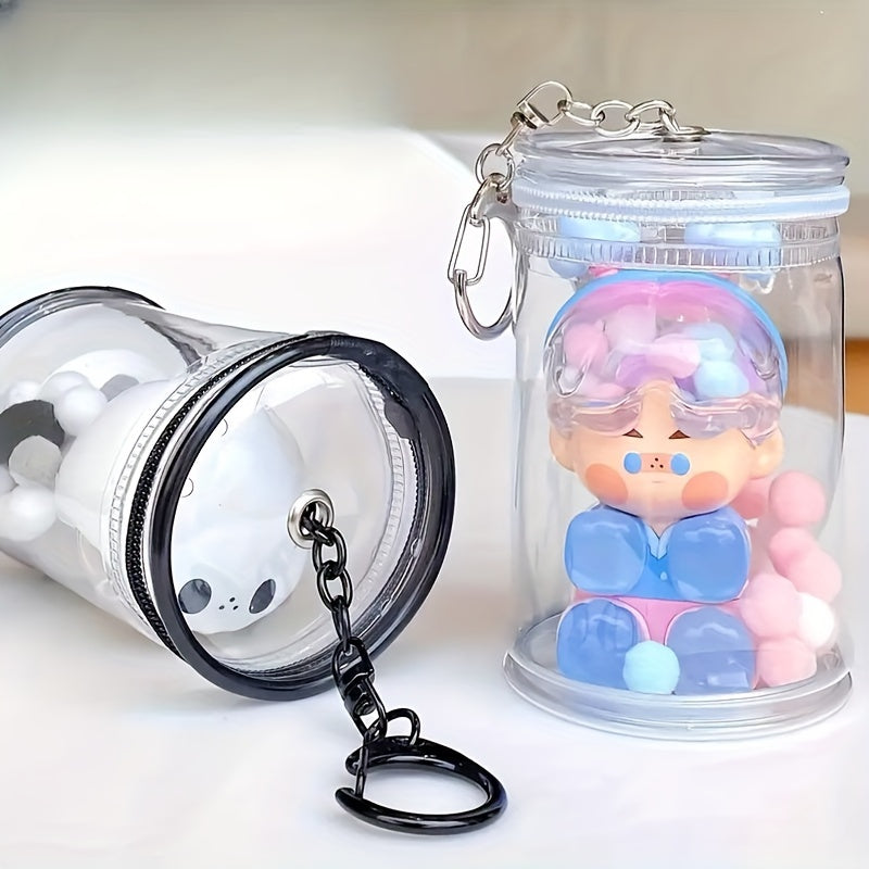 Transparent Walking Doll Display Storage Bag with Bubble Mart Mystery Box design, featuring a hanging decorative bag with a clasp closure.