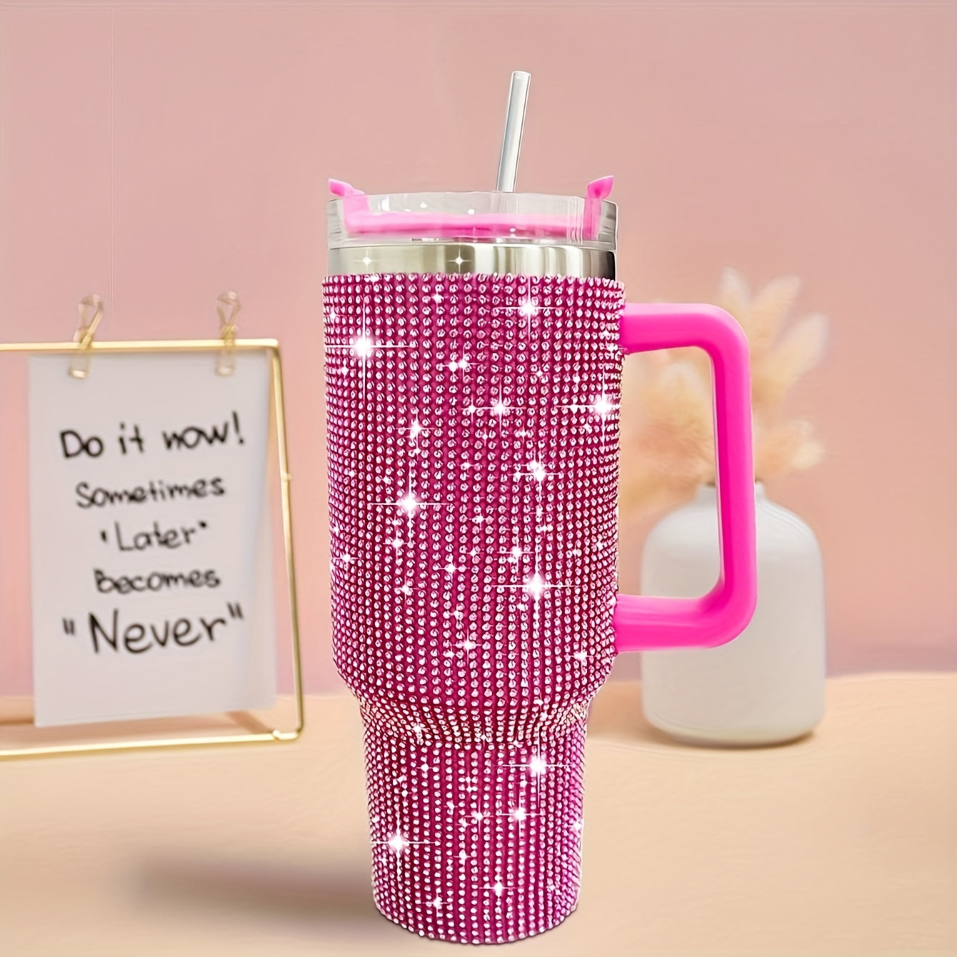 1pc Sparkling Studded Tumbler: Stainless steel, 40oz, insulated with lid and straw. Portable for car, home, office. Great for summer and travel, perfect for birthday gifts.