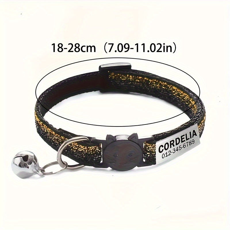 Personalized cat collar with bell, custom engraved ID tag, adjustable anti-suffocation design, suitable for kittens and puppies.