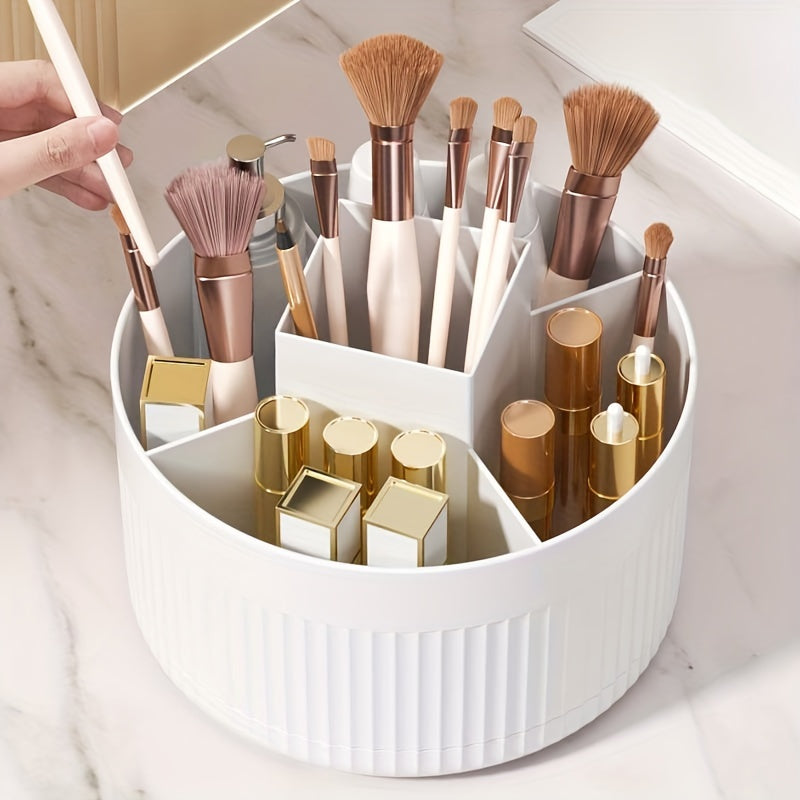 Rotating makeup organizer holds brushes and skincare, hand washable, white