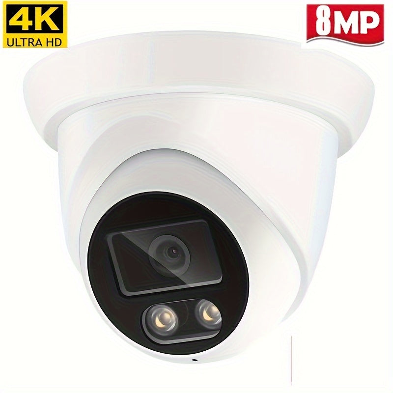 4K/8MP, 6MP, 2K/4MP Dome Camera with audio for indoor and outdoor use. Features POE, H.265 compression, wide 2.8mm lens, and full-color night vision. Compatible with NVR, easy installation