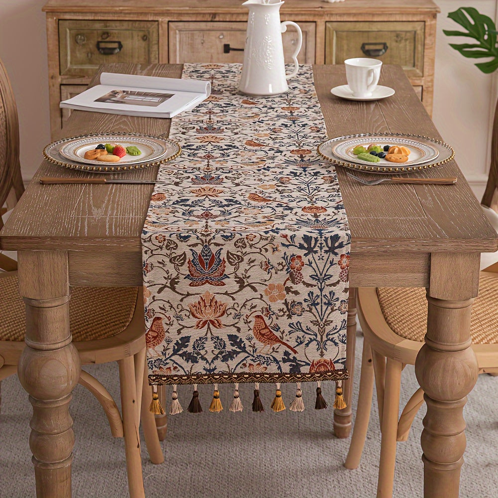 Vintage floral and bird jacquard table runner with tassels in rustic countryside style. Made of polyester, 33cm wide. Ideal for dining, coffee, and tea tables. Vintage design with polyester fabric.