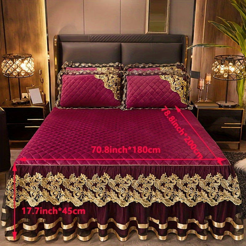 3-piece set of solid color bed skirts with lace detail, including 1 bed skirt and 2 pillowcases. Features a quilted layered design with elegant ruffled accents. The moisture-wicking, wrinkle-resistant mattress cover includes ties for easy removal.