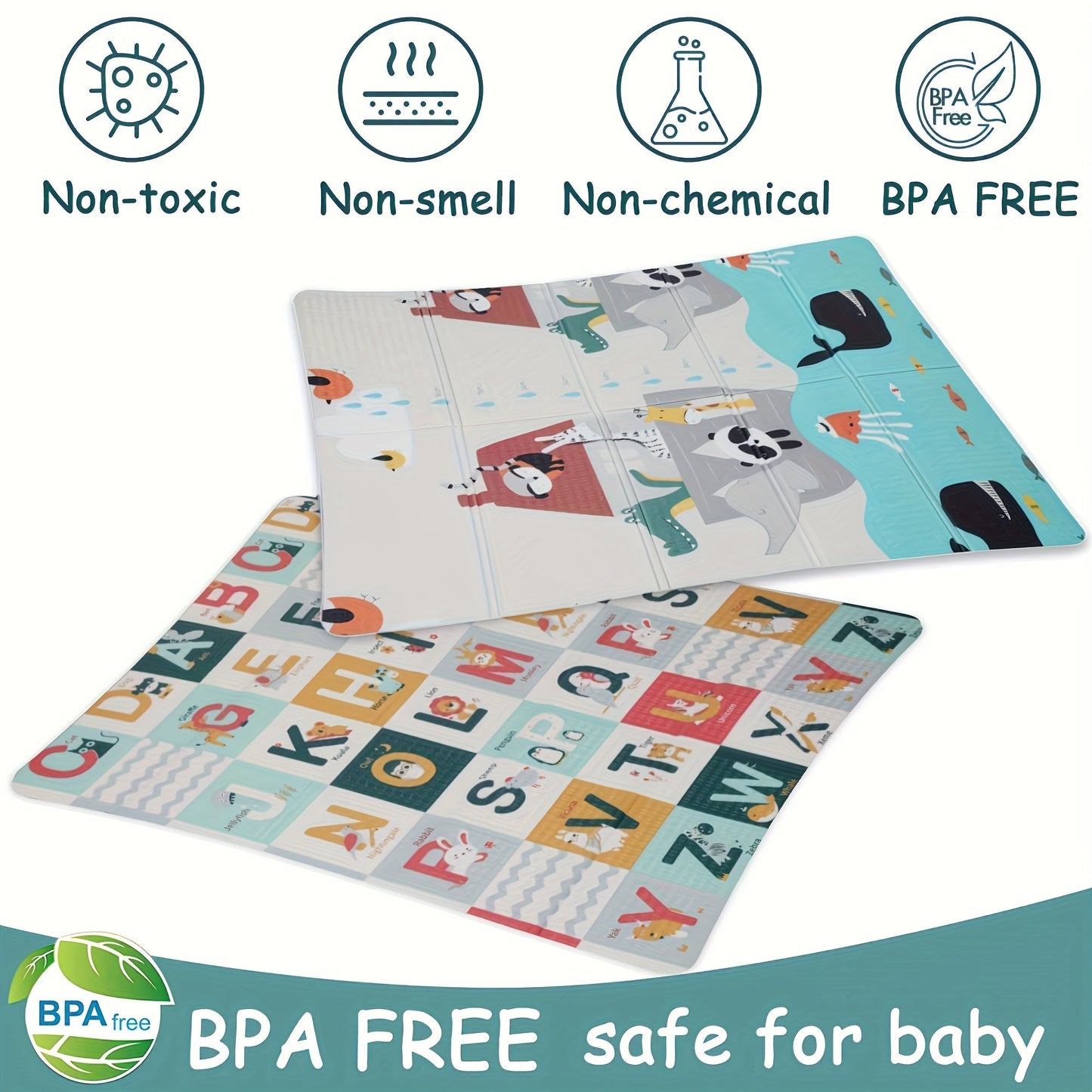 Large Reversible Baby Play Mat - 180.34cm x 149.86cm, made with High-Density XPE Foam. Features an Educational Alphabet Design, Non-Toxic and Waterproof for Infants. Foldable and Portable for Toddler Activity. Dual-Sided Soft Foam Floor Mat for Safe Play