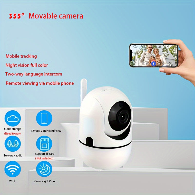 USB powered security camera with mobile app, 360° PTZ, two-way audio, motion tracking, color/infrared night vision, siren, cloud and SD storage, no battery needed for home security.