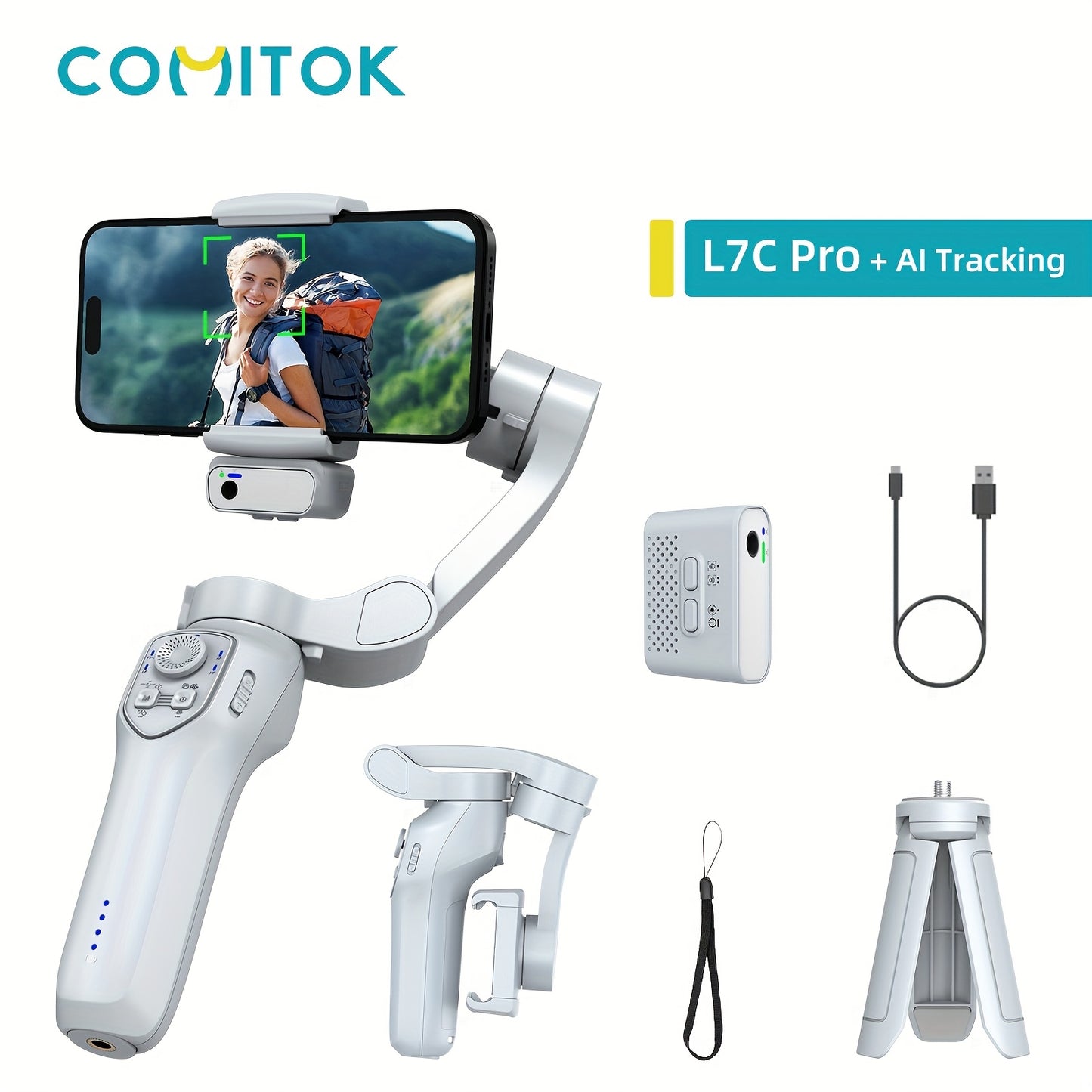 L7Cpro+AI Gimbal Stabilizer for Smartphone with 3-Axis Rotation and Auto Face Tracking.