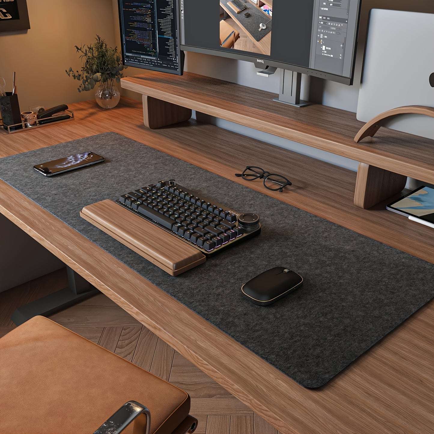 Non-slip felt desk pad with wrist support and large mouse mat for writing, office computer, gaming, students, and gamers.