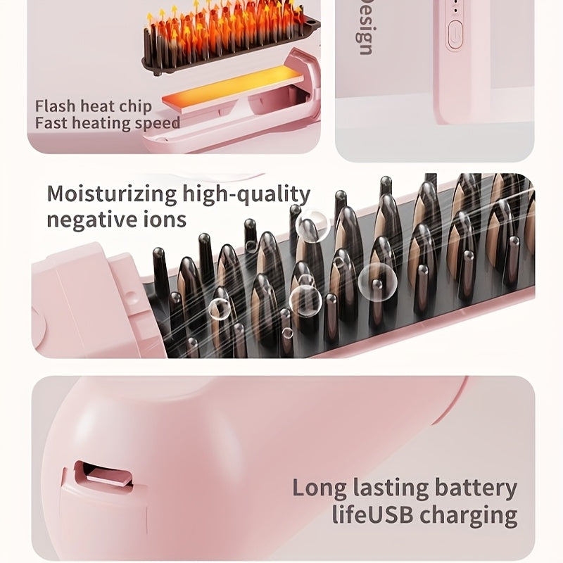 Portable wireless hair straightening brush with USB rechargeable lithium battery, anti-scald technology, wet/dry use, and negative ion feature - perfect for home, travel, and outdoor use.