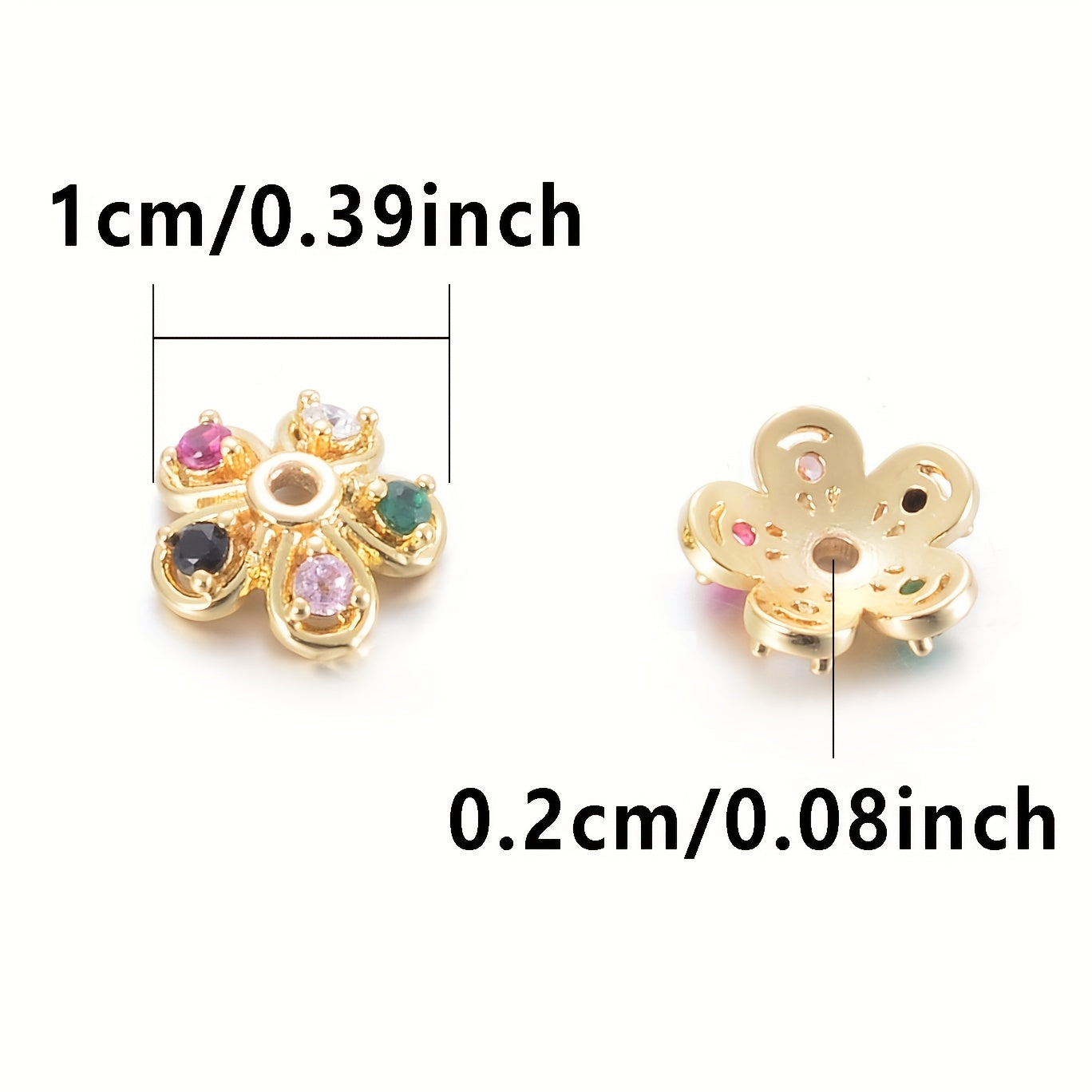 Brass Flower Bead Caps with Synthetic Cubic Zircons - Set of 20 pieces in a bag, including 10mm, 8mm, and 6mm sizes. Perfect for creating stunning jewelry pieces.