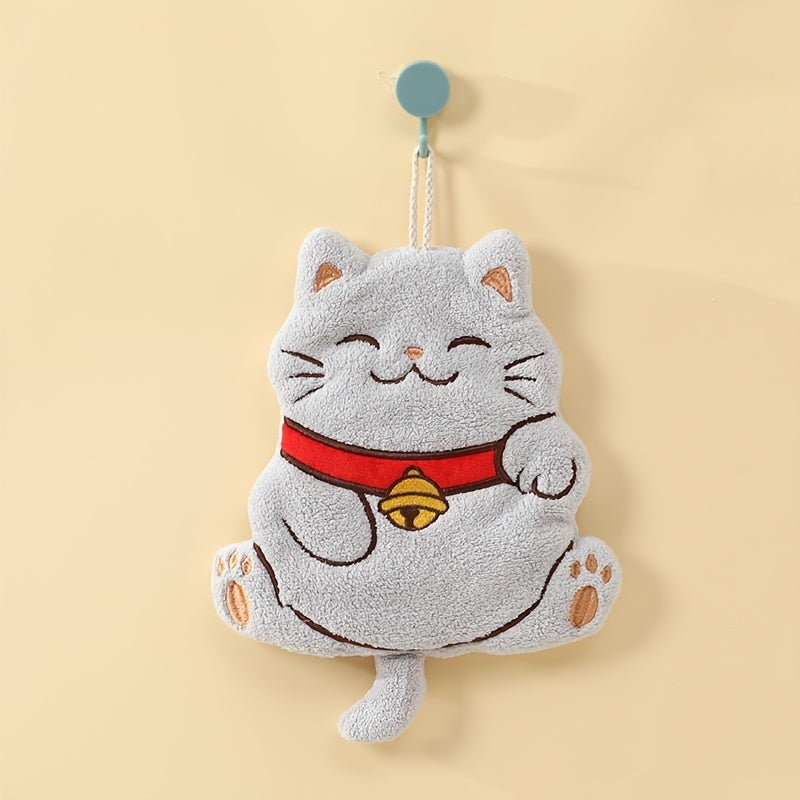 Cute Fortune Cat fingertip towel made of plush coral velvet, ideal for daily use in kitchen or bathroom, with hanging design.