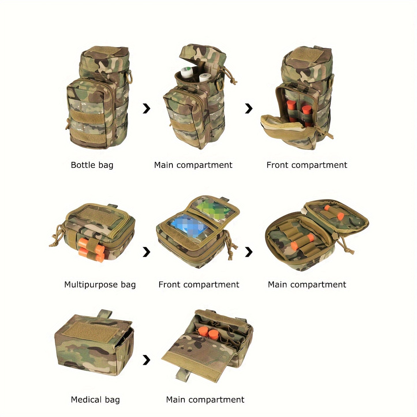 BOMTURN Tactical Utility Belt Set with MOLLE System includes 7 pieces of camouflaged polyester gear suitable for hunting and fishing.