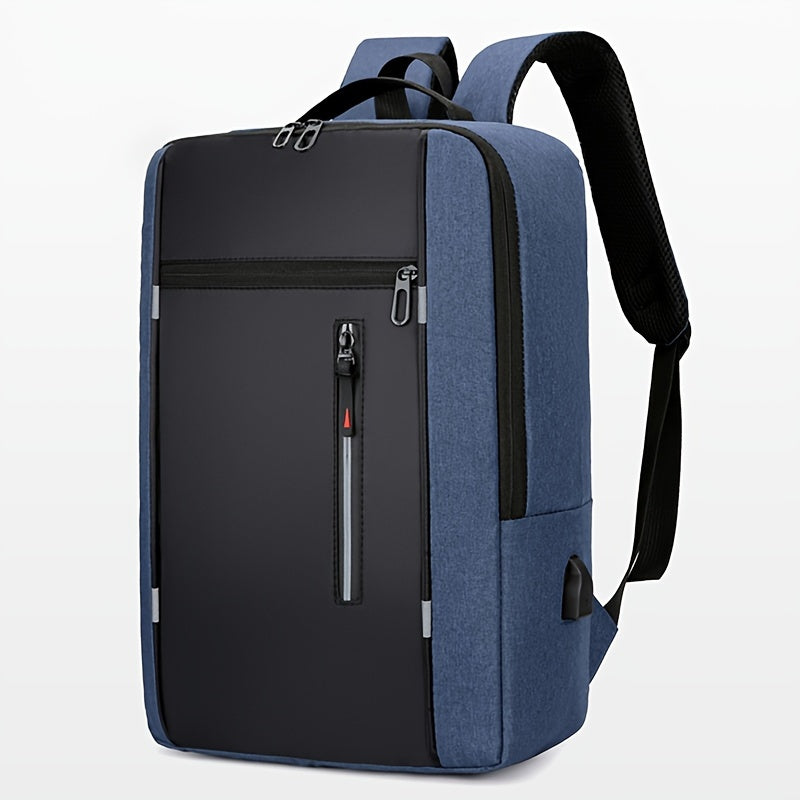 Blue nylon backpack for men with laptop compartment, USB charging port, and adjustable straps; ideal for business, travel, and daily use.