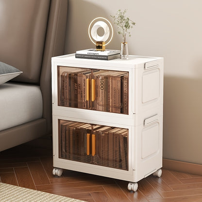 Foldable storage cabinet (46.99cm x 29.21cm) made of waterproof plastic with magnetic closure. Ideal for living room, kitchen, and bedroom. Features wheels for easy mobility. Can be used as