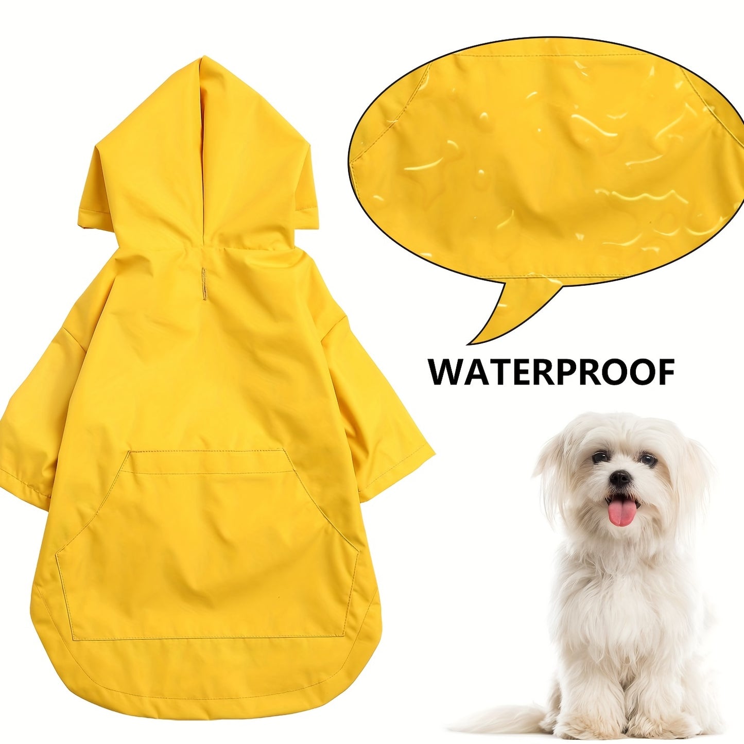 Yellow dog raincoat with reflective strip, buttons, zipper, adjustable drawstring, and detachable hood.