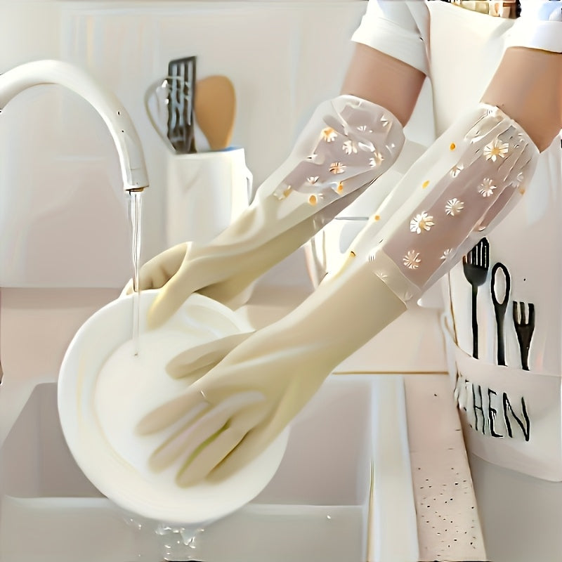 Waterproof Non-Slip Household Gloves with Floral Pattern, Long Sleeves, and Durable PVC Material - Perfect for Dishwashing, Laundry, and Cleaning in Kitchen, Bathroom, Living Room, and Bedroom. Made with Alcohol-Free Material. Includes 1 pair.