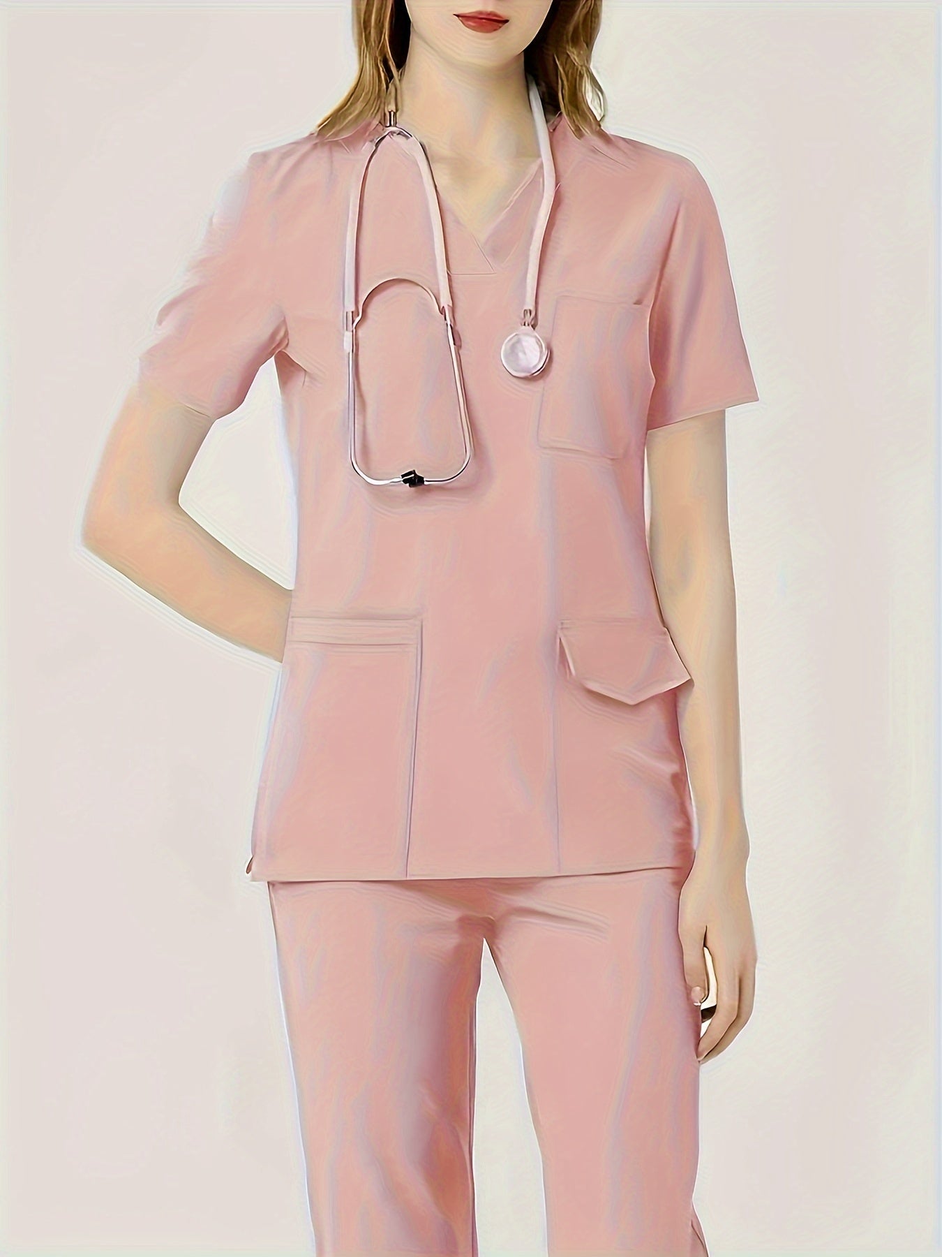 Women's two-piece healthcare uniform with a V-neck top, stretchy fabric, dental scrub gloves, functional pockets, and comfortable fit.