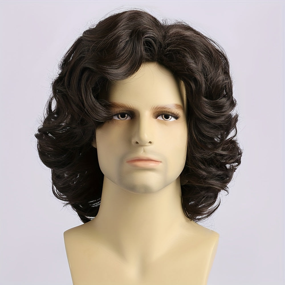 Get the perfect natural cool look with this men's fashion short curly deep brown wig! Measuring 35.56 cm in length, it is made from heat resistant synthetic fiber material and features side bangs. Suitable for daily wear, parties, Halloween costumes, and