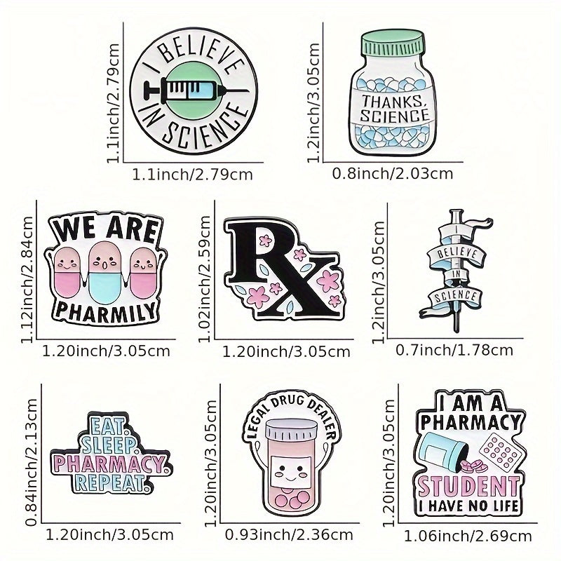 Set of 8 Enamel Brooch Pins - Made of Alloy Metal with Humorous Phrases, Unique Shapes, and Realistic Designs. Perfect for adding a fun touch to Backpacks, Coats, and Hats. Great gift for Pharmacy Students and Science Lovers.