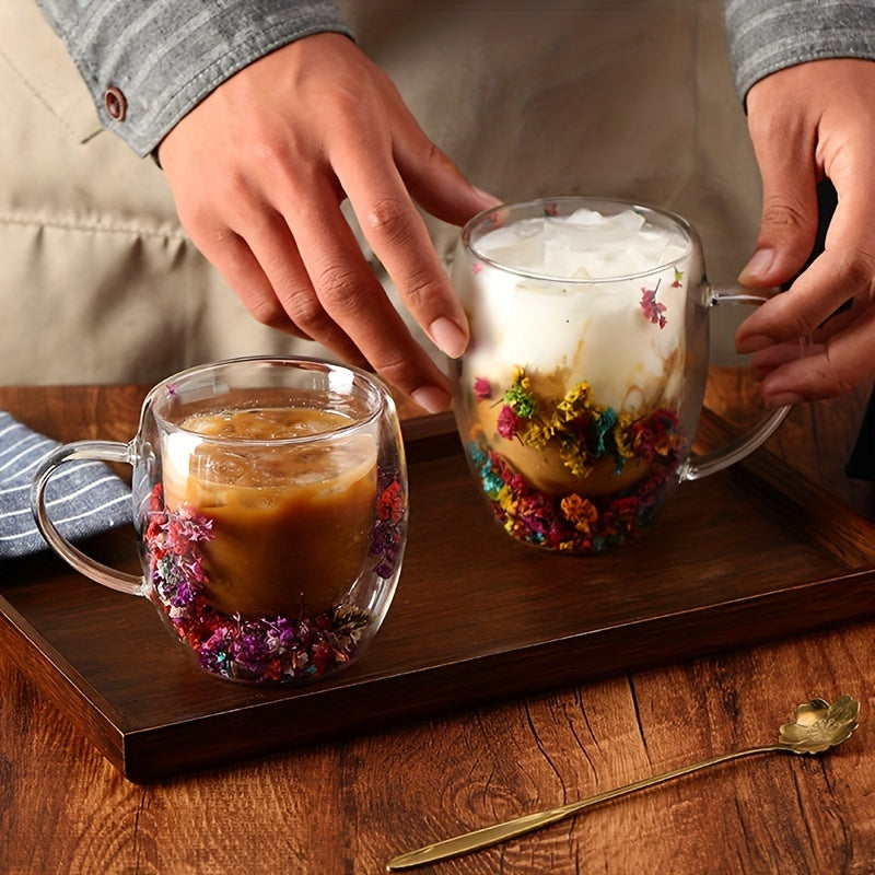 1pc double-layer glass cup with real flowers and flowing sand, perfect for hot drinks, milk, or summer beverages, ideal as a birthday gift.