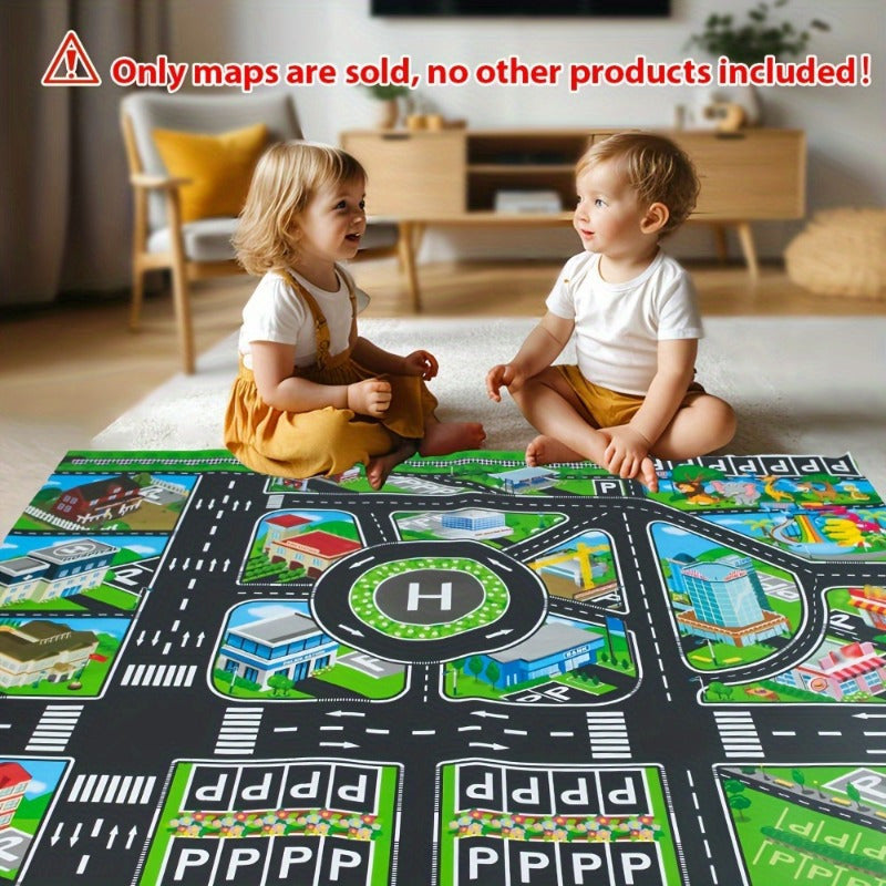 Large city traffic play mat for kids made of waterproof non-woven fabric with colorful road signs and vehicles. An educational and fun green transportation game for modern room decor.