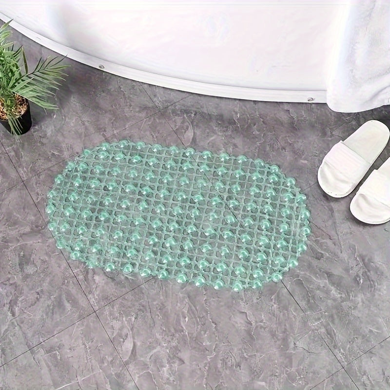 1pc Blue PVC Oval Non-Slip Bath Mat with Water Bead Design - Soft, Comfortable, Hand Washable, Slip Resistant Rug for Bathroom Use.