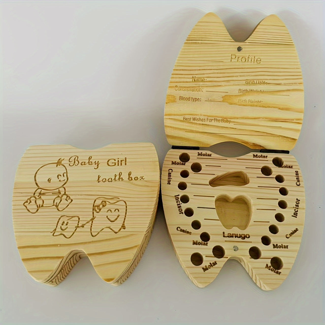 Wooden tooth box for kids' memories, no power or waterproof, with utility hooks, suitable for weddings.