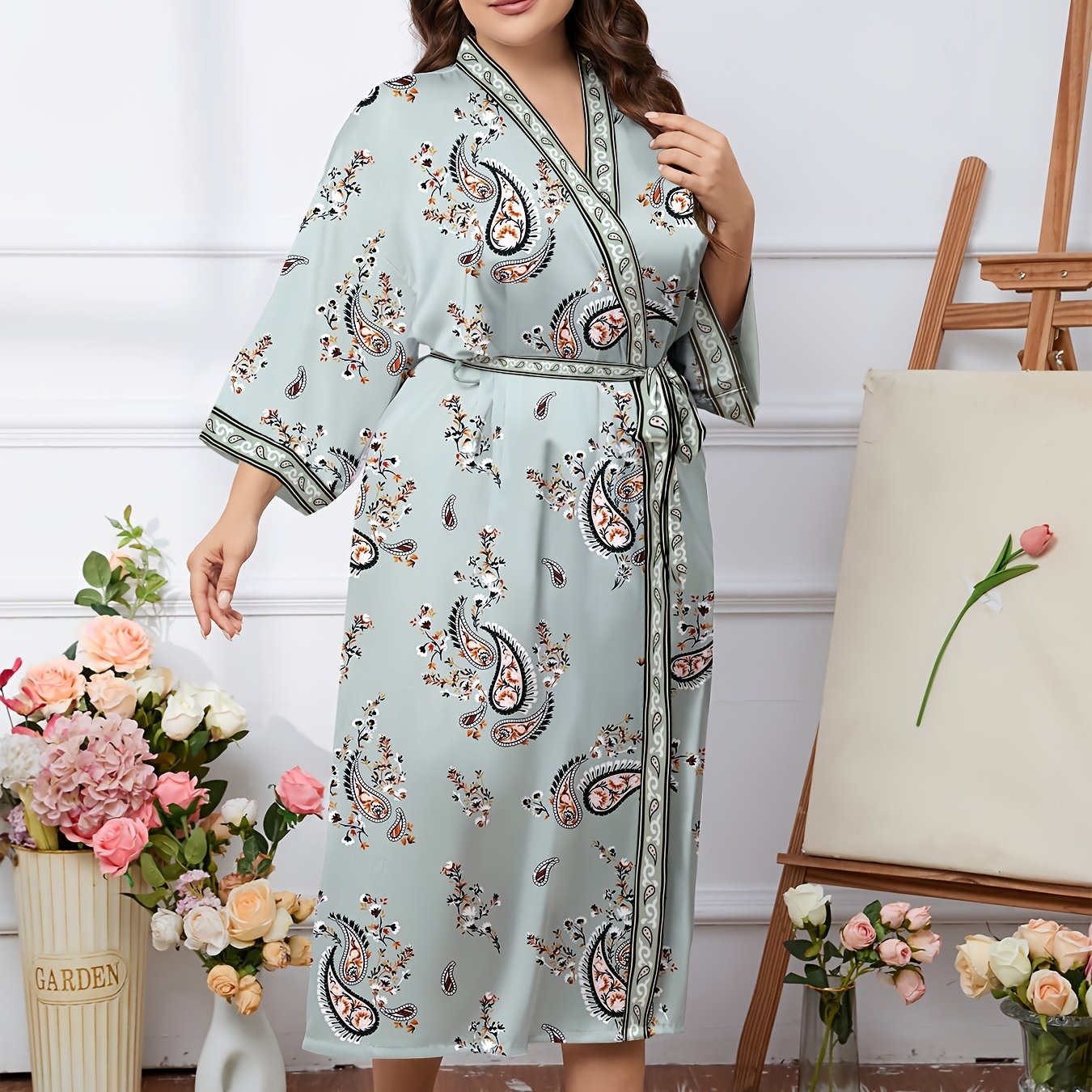 Boho Chic Plus Size Women's Long Robe with Full Print, V-Neck, Tie Waist - Ideal for Spring/Summer/Fall