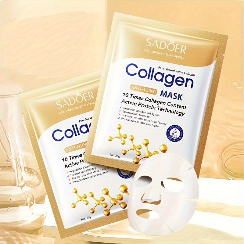 10-pack of SADDOER collagen facial masks suitable for all skin types, providing anti-aging, moisturizing, and firming benefits.