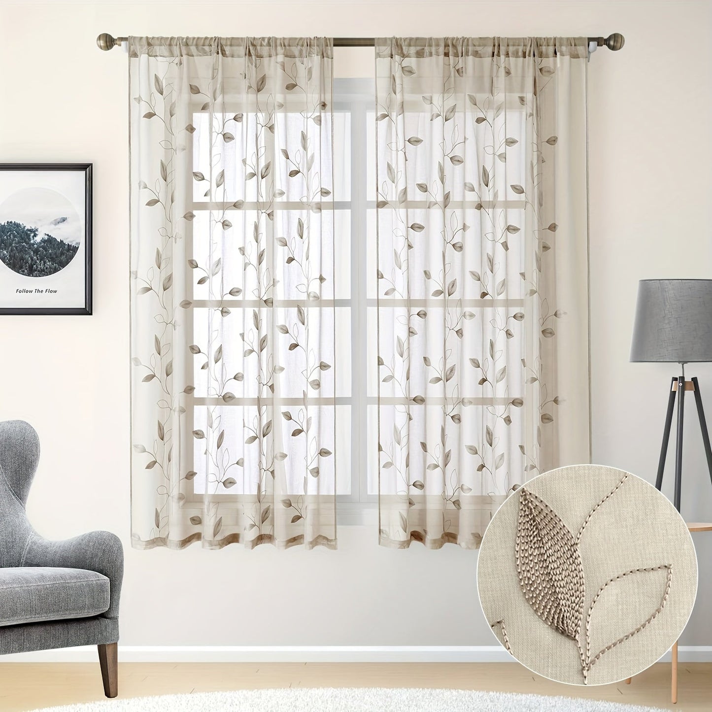 Two pieces of garden-style sheer curtains with an embroidered leaf pattern, featuring a rod pocket design. Made of polyester, these drapes are perfect for bedrooms, living rooms, and kitchens. They are machine washable and suitable for all seasons