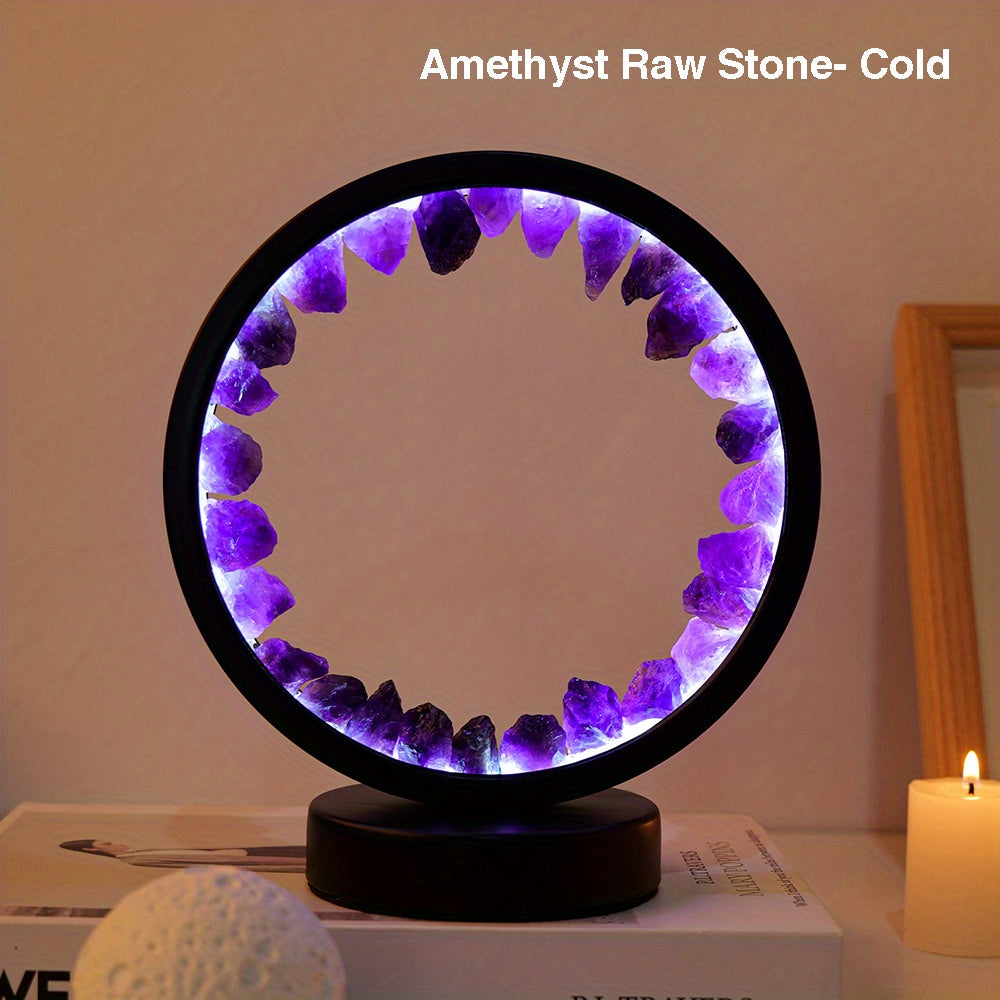 Rechargeable LED lamp with natural quartz amethyst cluster emits soothing light for bedroom and desk decor.