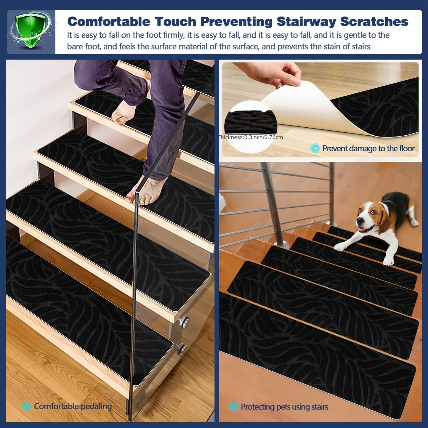 15 pieces of carpet stair treads by JAYFAN, designed for wood steps with non-slip features to provide safety for both pets and humans. These indoor stair treads are washable and reusable, making them a practical choice for any staircase.