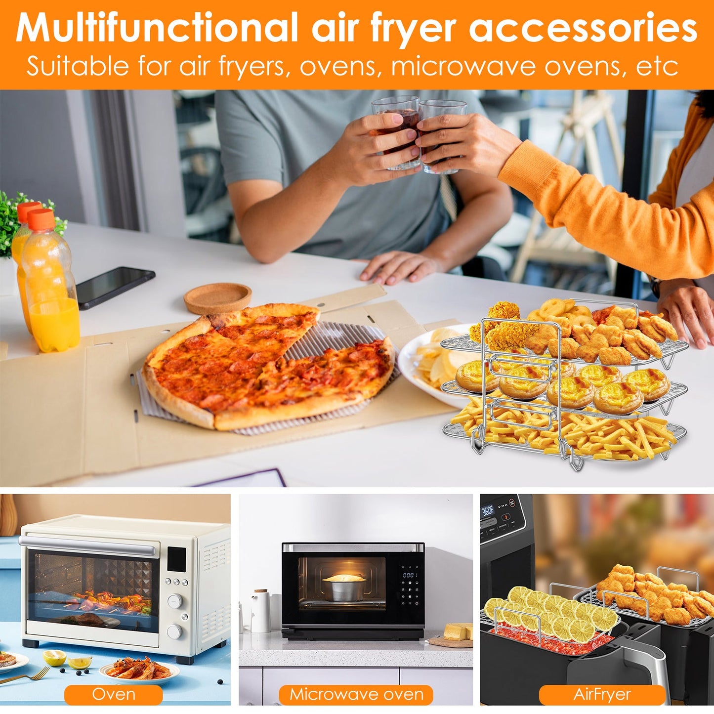 Stainless Steel 3-Layer Air Fryer Rack with Dehydrator Functionality - Stackable, Multifunctional Grill Rack for Double Basket Air Fryer Cooking and Baking