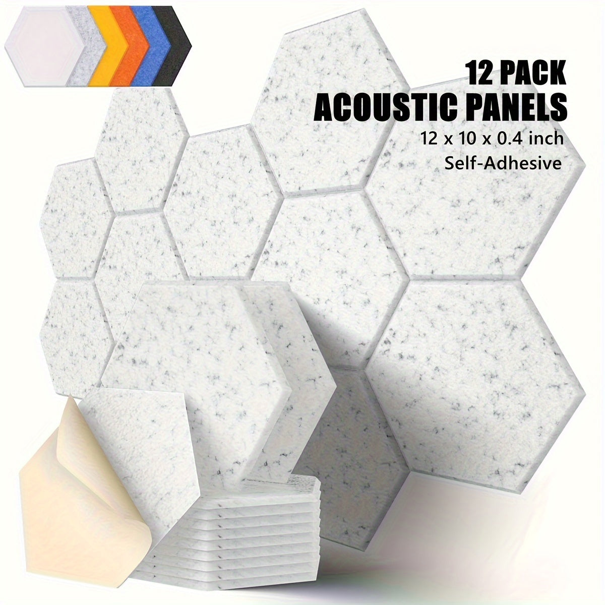 12-pack of hexagonal soundproof foam panels with self-adhesive backing, flame retardant properties, and dimensions of 30.48cm x 25.4cm x 1.02cm. Ideal for noise reduction and echo