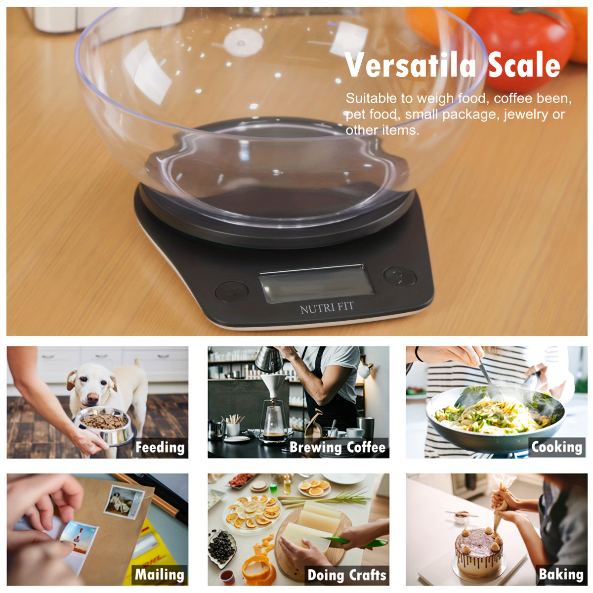 The NUTRI FIT digital kitchen scale offers high precision weighing up to 11lb with 1g accuracy. Ideal for cooking, baking, and weight loss, this scale includes a bowl tare feature and clear LCD display for easy use. It is powered by AAA batteries (not