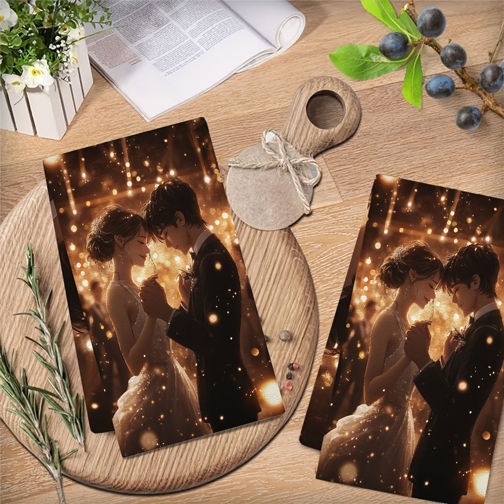 Get a pair of luxurious kitchen towels showcasing a charming anime couple dancing in a dazzling ballroom surrounded by twinkling lights and music. These super absorbent dish towels are ideal for adding a festive touch to your home decor during the