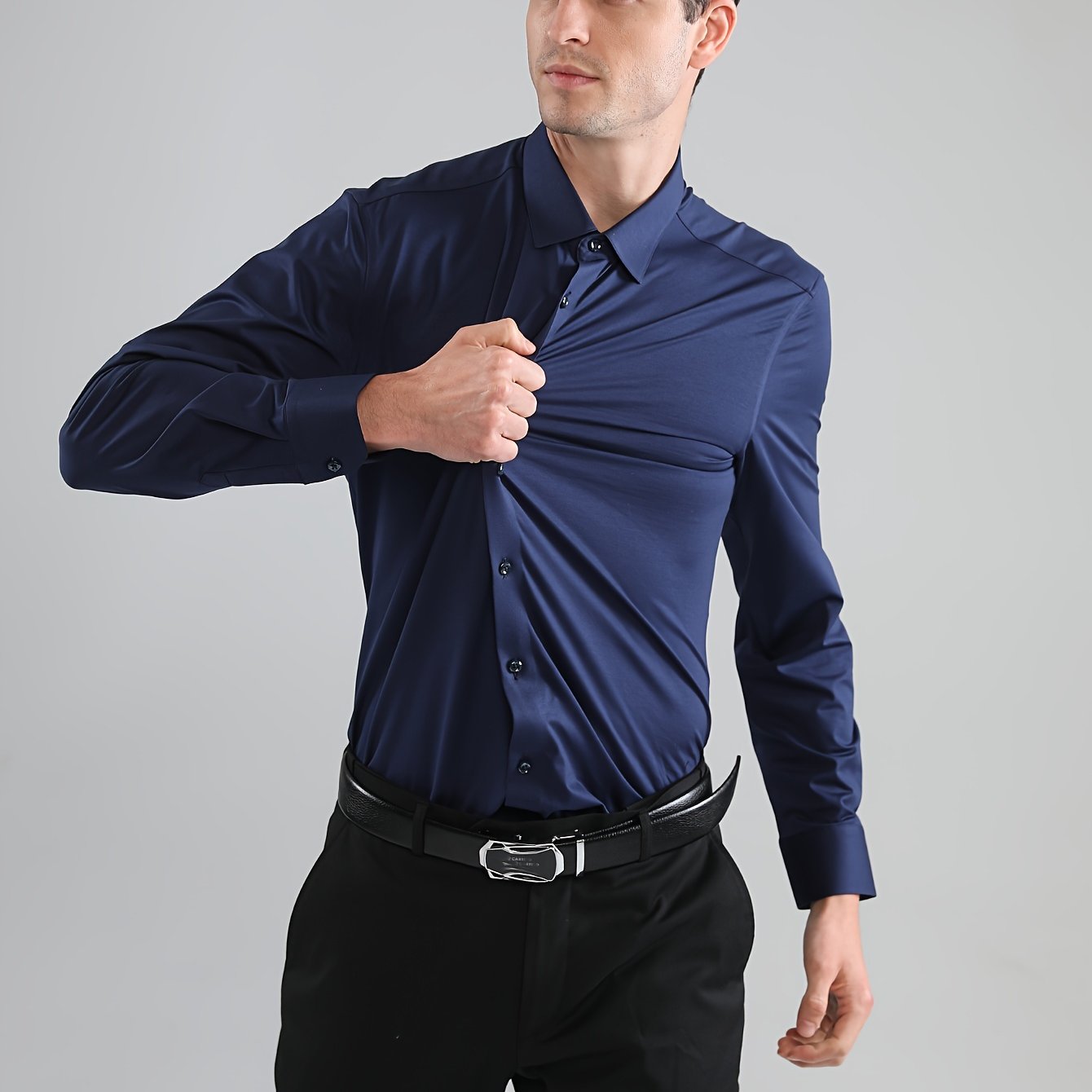 Men's Formal Long Sleeve Dress Shirt - Stretch Polyester, Solid Color, No Pocket, Button-Up, Collared, Machine Washable for Business and Casual Wear, Versatile Dress Shirt|Classic Collared