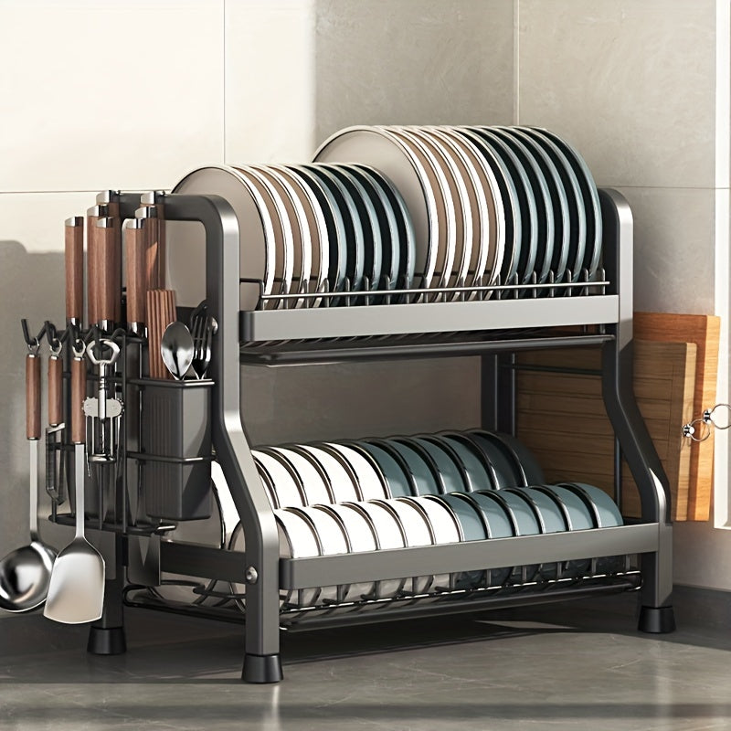 One-piece kitchen dish drying rack with cutting board and utensil holder, easy to install, large capacity, rustproof.