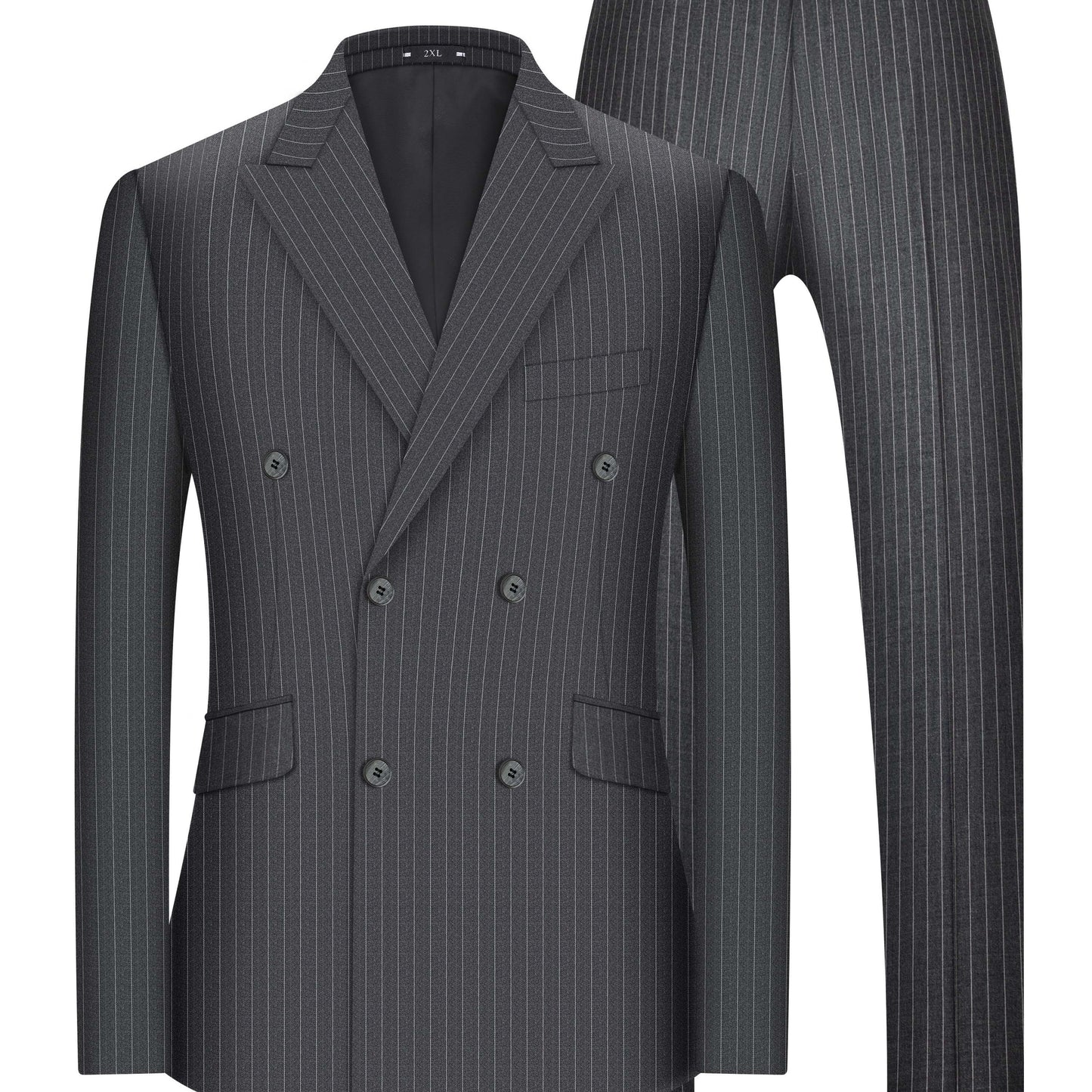 Stylish Plus Size Striped Double-Breasted Blazer & Pants Set in Gunmetal Gray, Great for Business & Formal Events