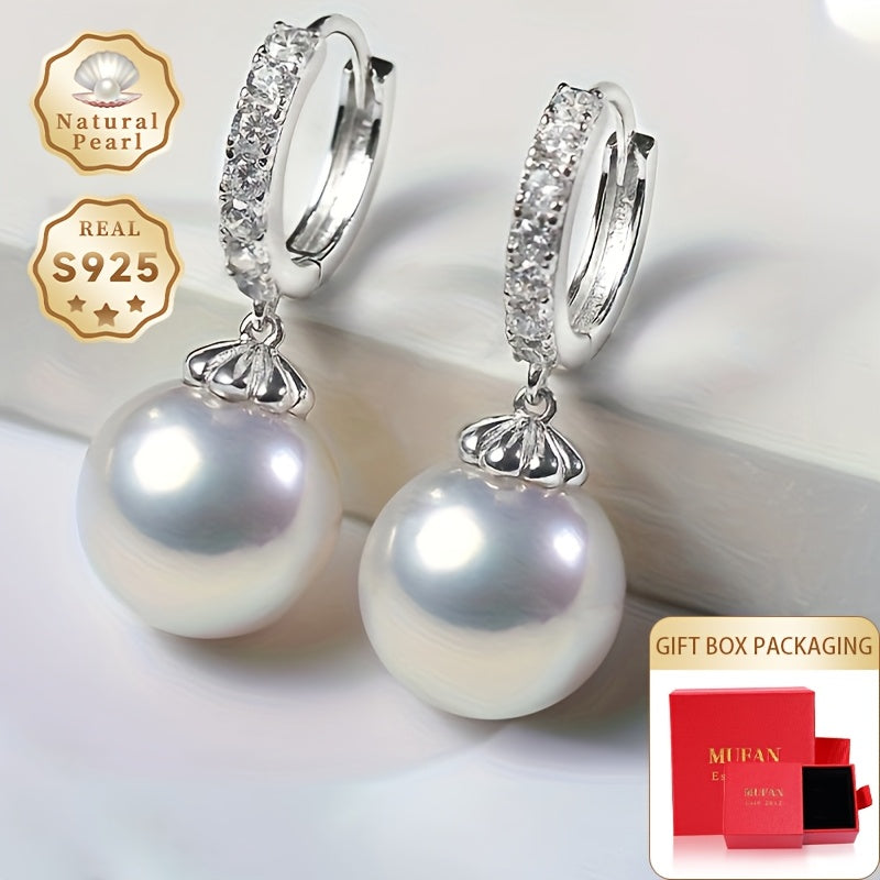 Women's fashionable dangling earrings made with a pair of 10-11mm large particles of slightly flawed round natural freshwater pearls. These earrings feature S925 silver and come in a Yunxi gift box. Please note that due to the natural gemstones used