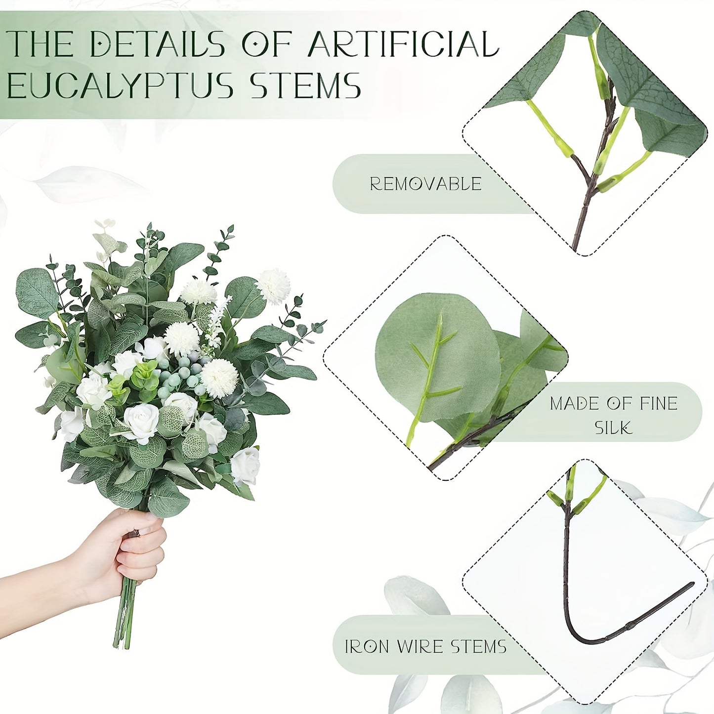 30/60 artificial 'S Breath flowers, faux eucalyptus stems and leaves, imitation 'S Breath flowers, fake silver dollar eucalyptus plant stems for weddings, vases, bouquets, floral and home decor.