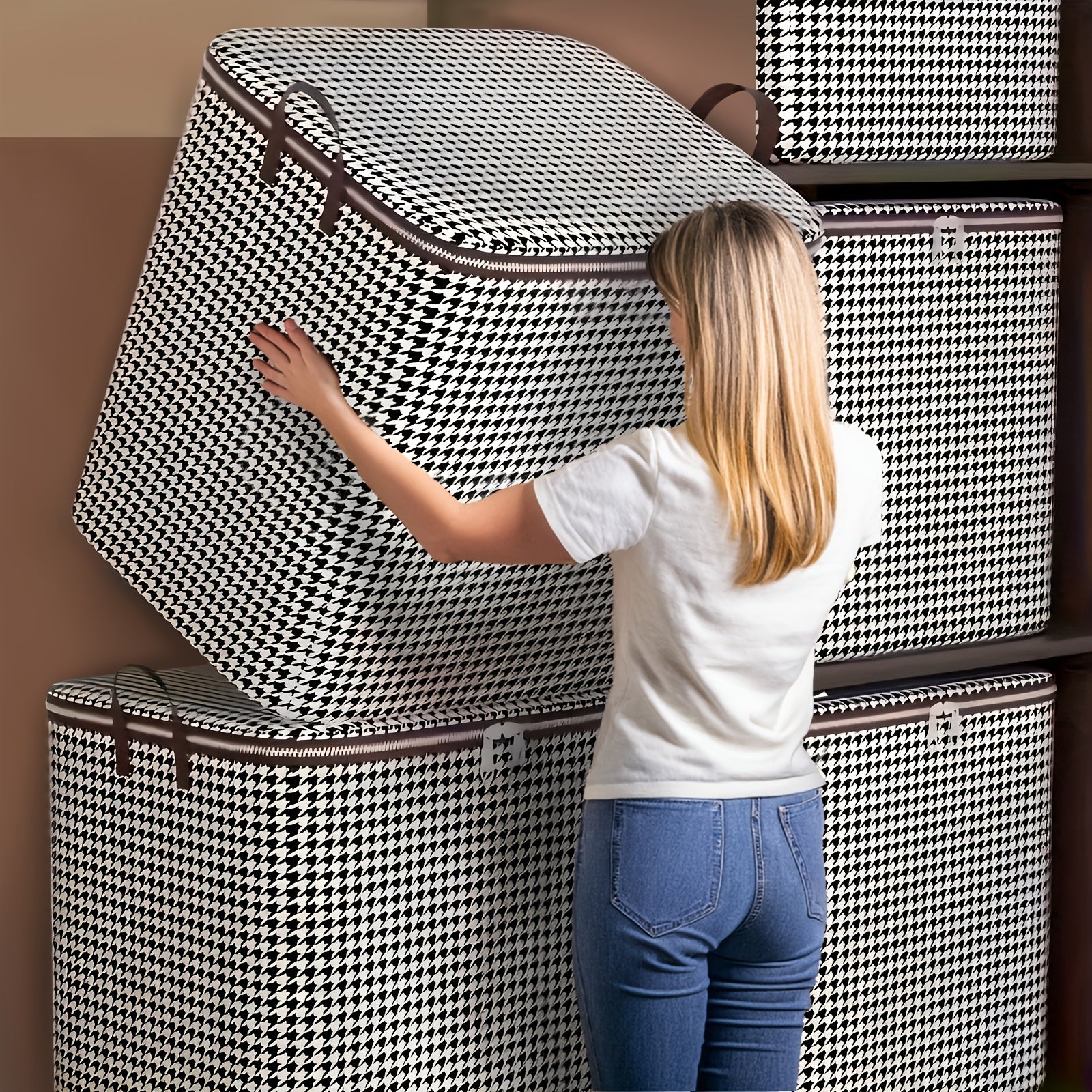 One-third pack of 180.0L extra large houndstooth storage bins made of thickened woven material. Dustproof and moisture-resistant with double zipper and handles. Unscented and no electricity or batteries required.