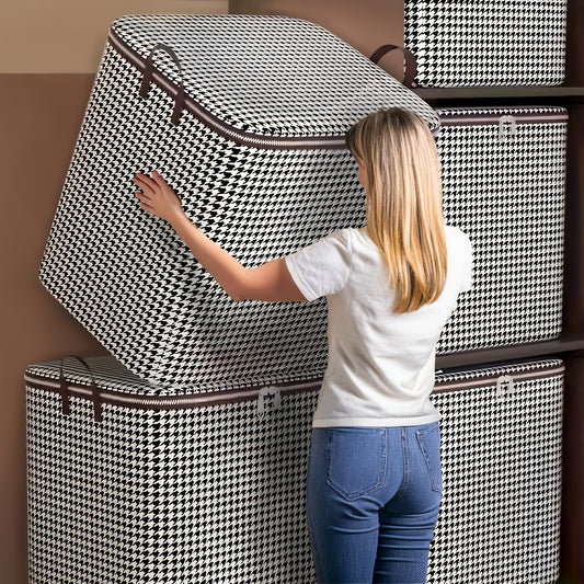 One-third pack of 180.0L extra large houndstooth storage bins made of thickened woven material. Dustproof and moisture-resistant with double zipper and handles. Unscented and no electricity or batteries required.