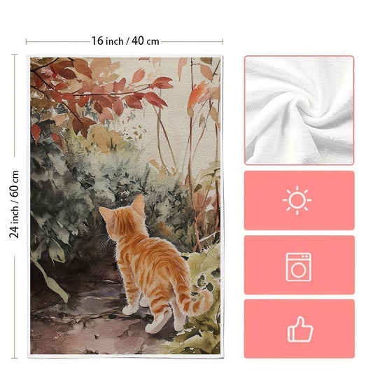 Set of 2 Ultra Soft Kitchen Towels featuring "Curious Kitten in Garden" Design. These towels are highly absorbent, machine washable, and have a contemporary style. Each towel measures 40.64x60.96 cm, perfect for use as dish hand towels.