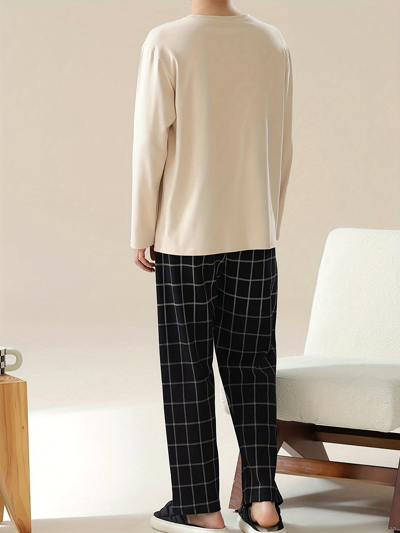 Men's beige long sleeve pullover with pocket, plaid pants in a soft and comfortable sleepwear set. Casual style, regular fit in knit polyester blend fabric - perfect for all seasons.