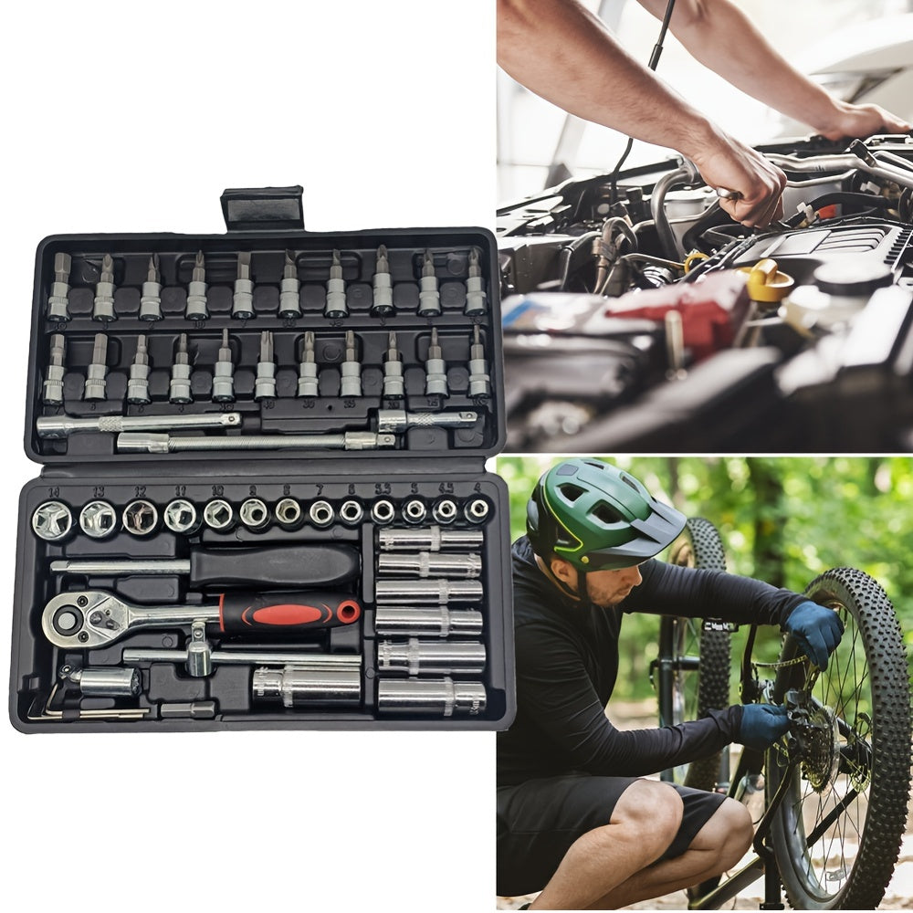 Multi-function tool set made of Chrome Vanadium Steel for various repairs on vehicles and bicycles, including ratchet spanner, sockets, screwdriver bits, and extension rods. Comes with a